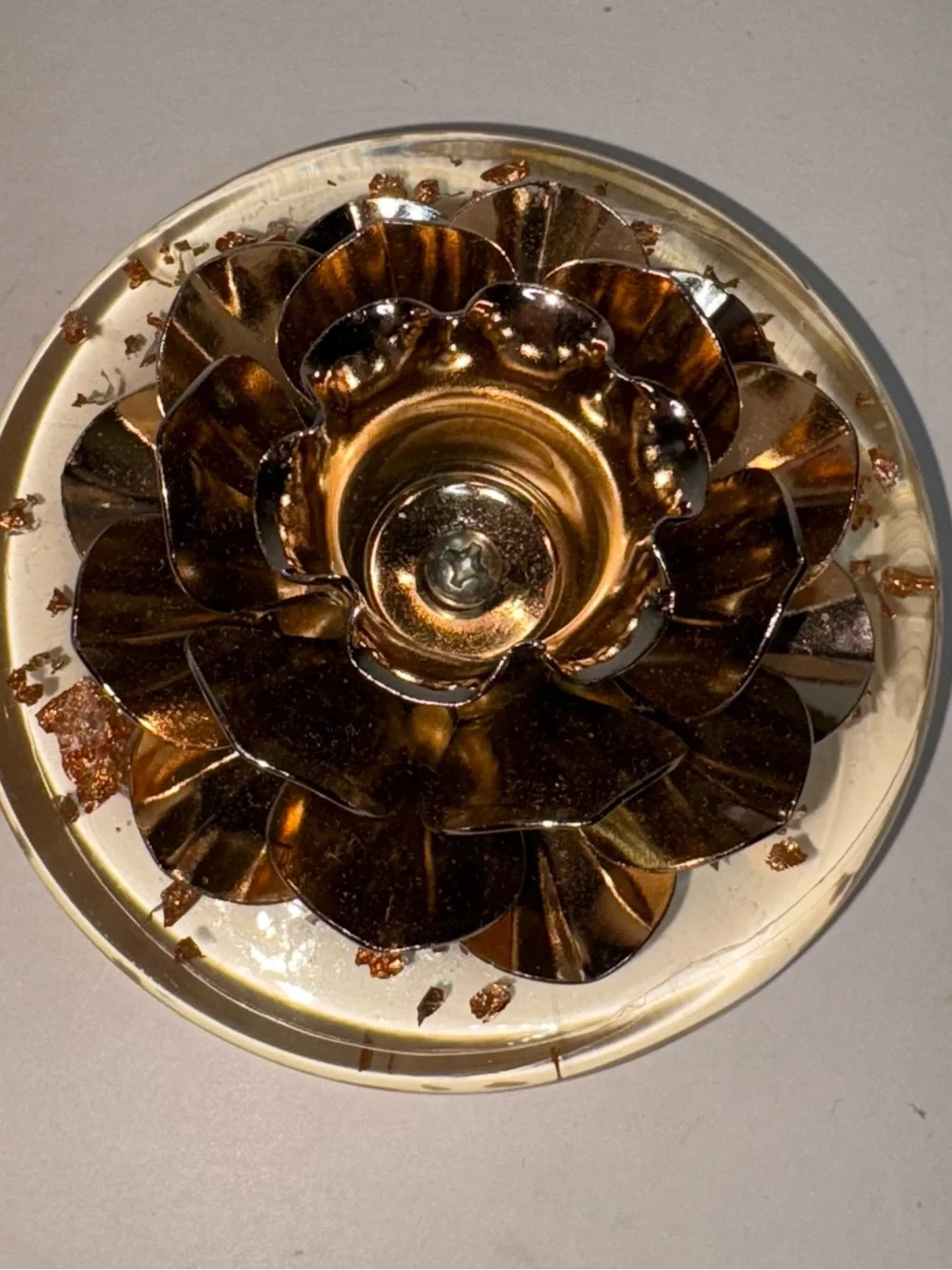 Vintage Lucite Candle Holder Gold Toned Rose Flower Gold Flecks 3” MCM